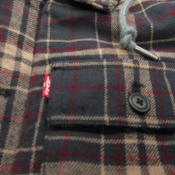 Levi Flannel Jacket Men Medium Blue Red Plaid Hood Sherpa Line Fall Work Pockets - Picture 6 of 15